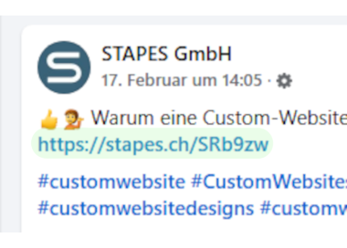 Beispiel Facebook-Post mit kurzem und schnellem Link, vertrauter Domain.